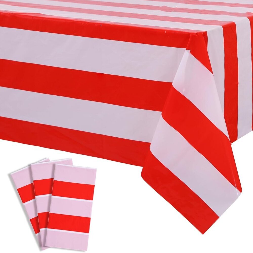 3 Packs Red and White Vertical Striped Tablecloth 54 x 108 Inch Circus Carnival